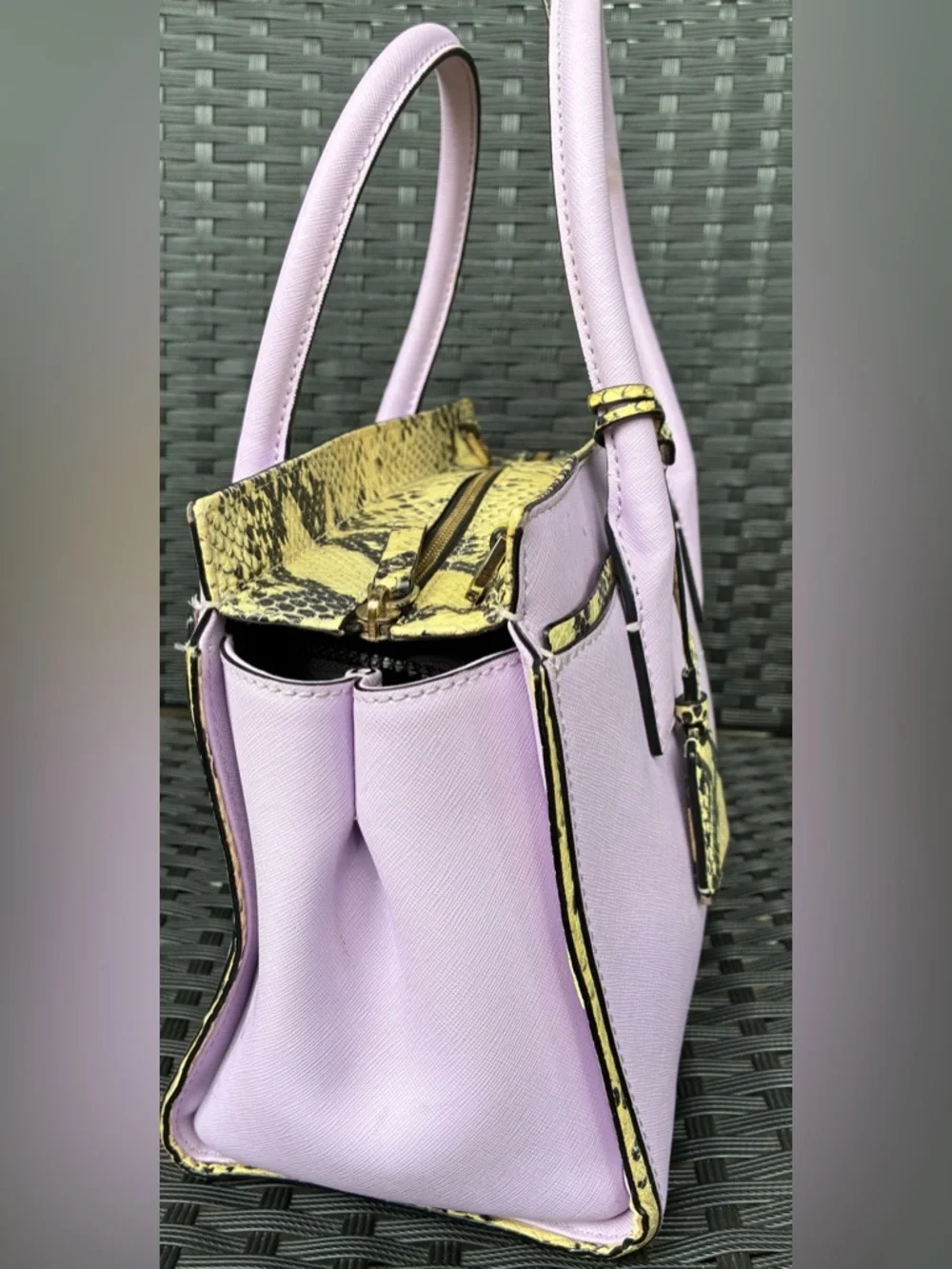kate spade lilac satchel with yellow snake-print trim
